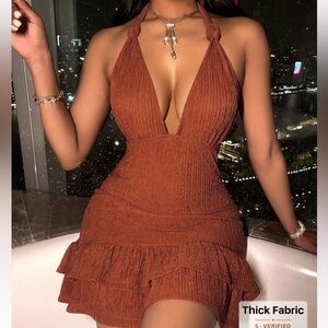 SHEIN Rust Halter Deep V Ruffle Mini Dress